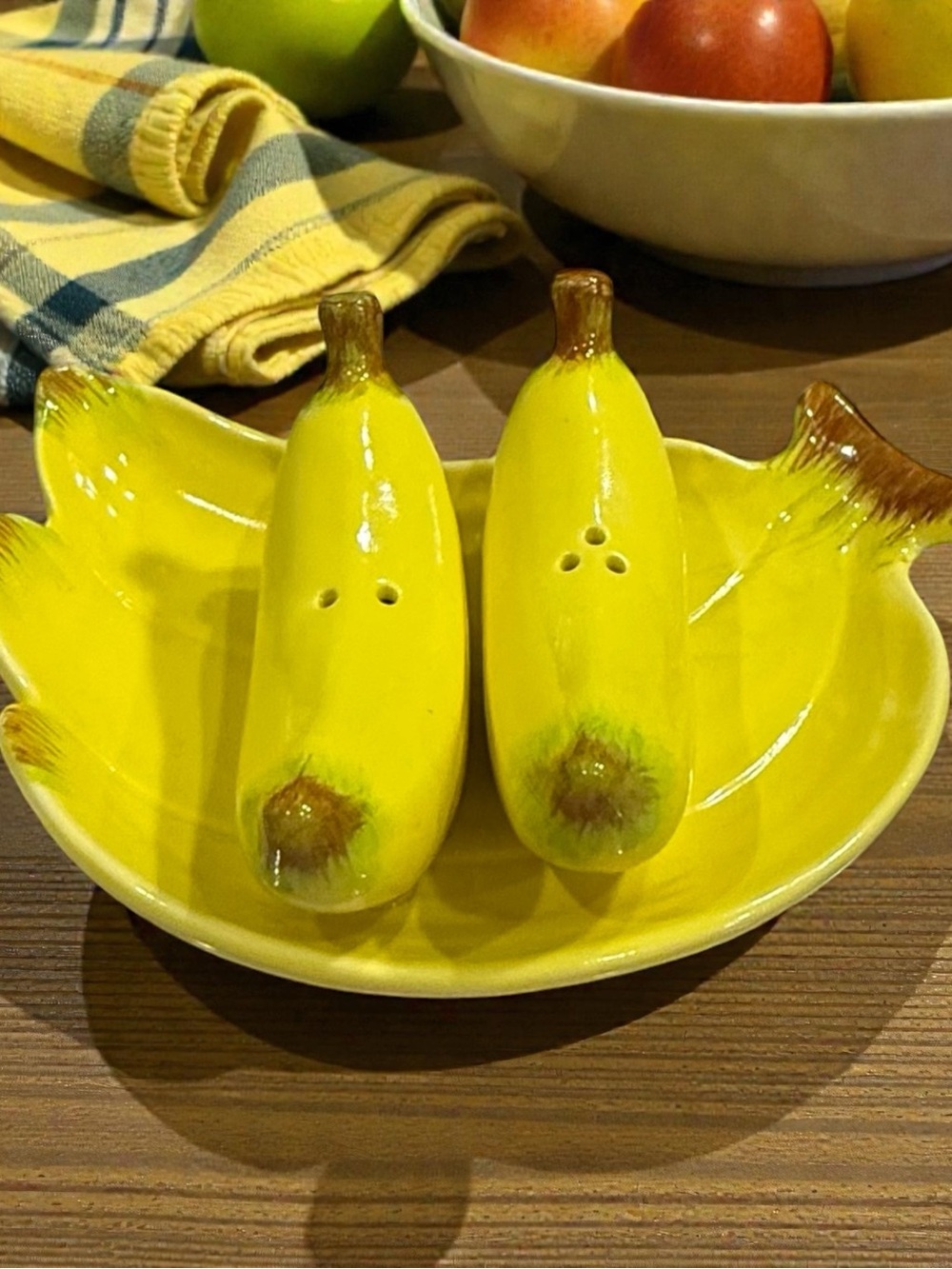 Ceramic Banana Salt and Pepper Shakers with Matching Banana Dish - Yellow